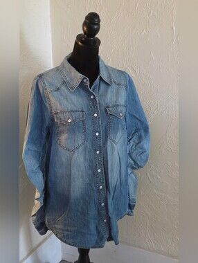 We The Free Denim Shirt, Pearl Snaps, Ruched Sleeves